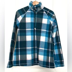 Eddie Bauer Women’s 1/4 Zip Fleece Pullover Sweater, green pink plaid